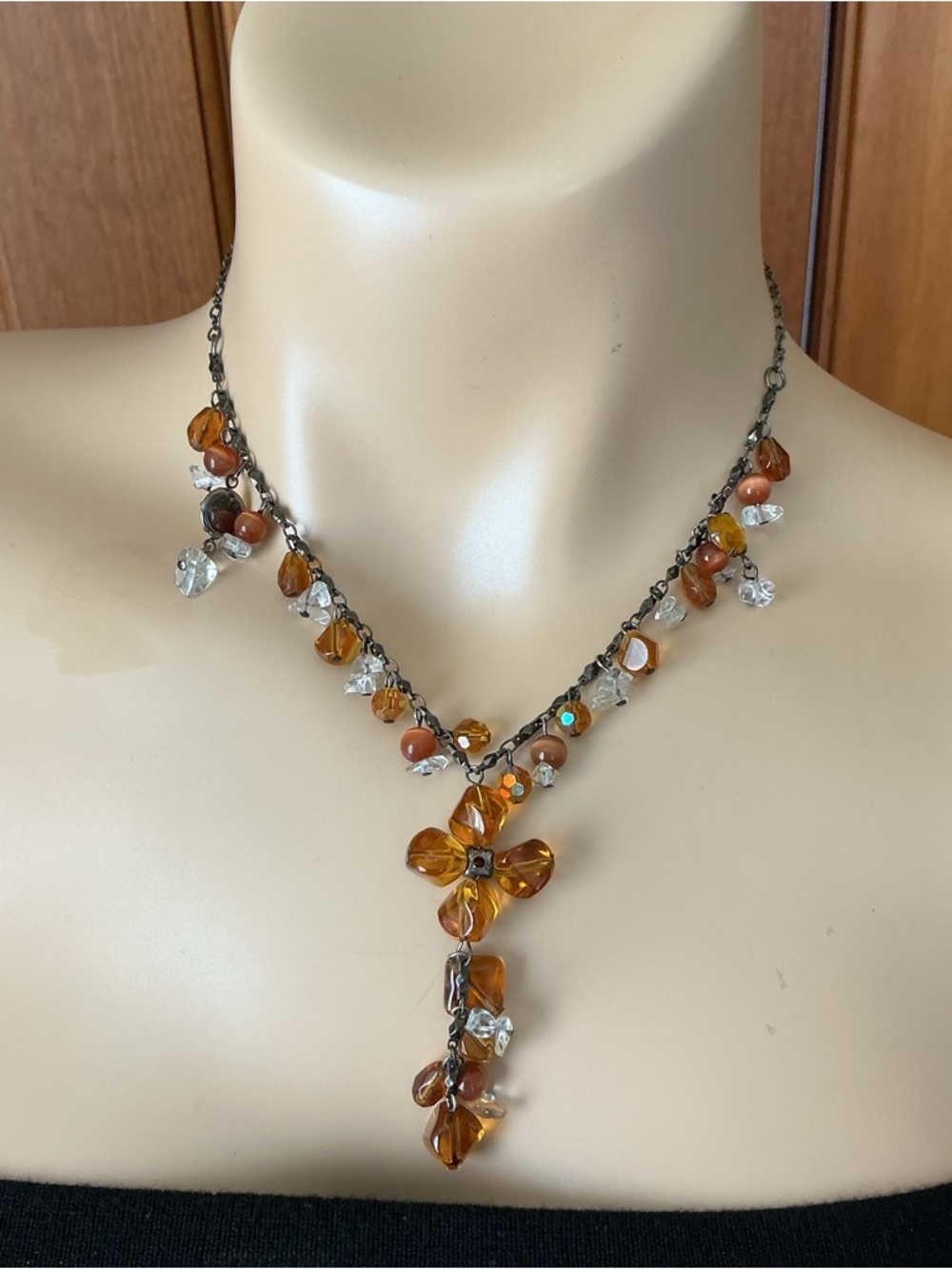 Amber color and crystal color charm, center  Drop Necklace on dark chain